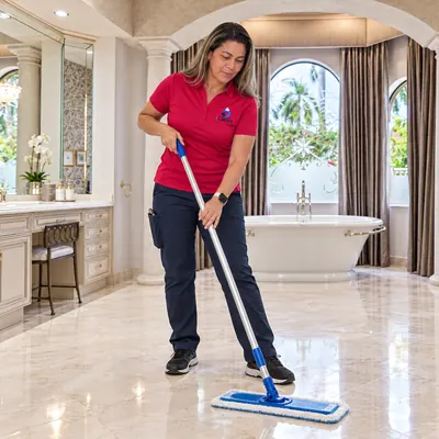 Patty from iClean mopping a marble bathroom floor